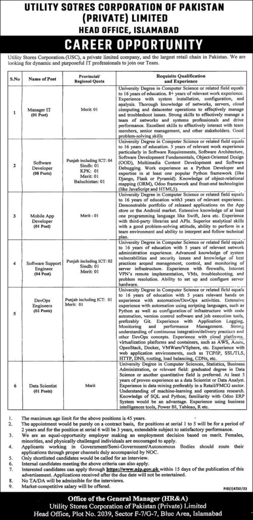 Utility Stores Corporation Of Pakistan Jobs 2024 Advertisement