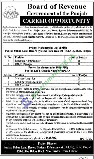 Punjab Board Of Revenue Jobs 2024 Latest Advertisement