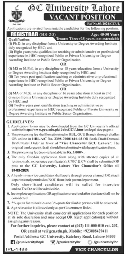 GC University Lahore Jobs 2024 Online Apply