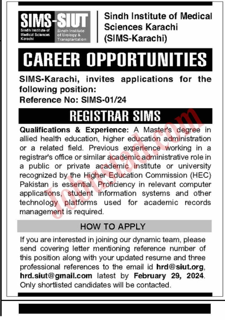 Sindh Institute of Medical Sciences Karachi Jobs 2024 Advertisement