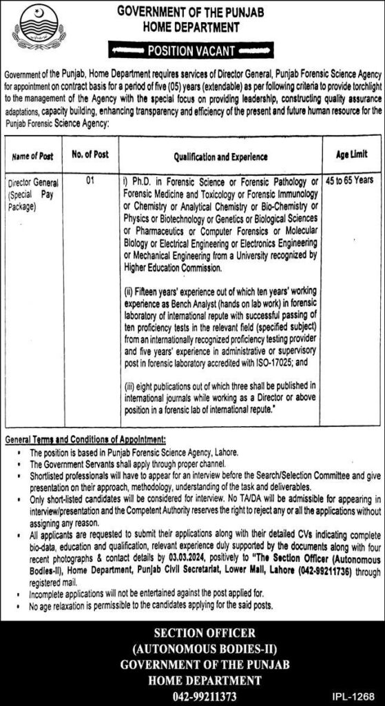 Punjab Forensic Science Agency Jobs 2024 Latest Advertisement