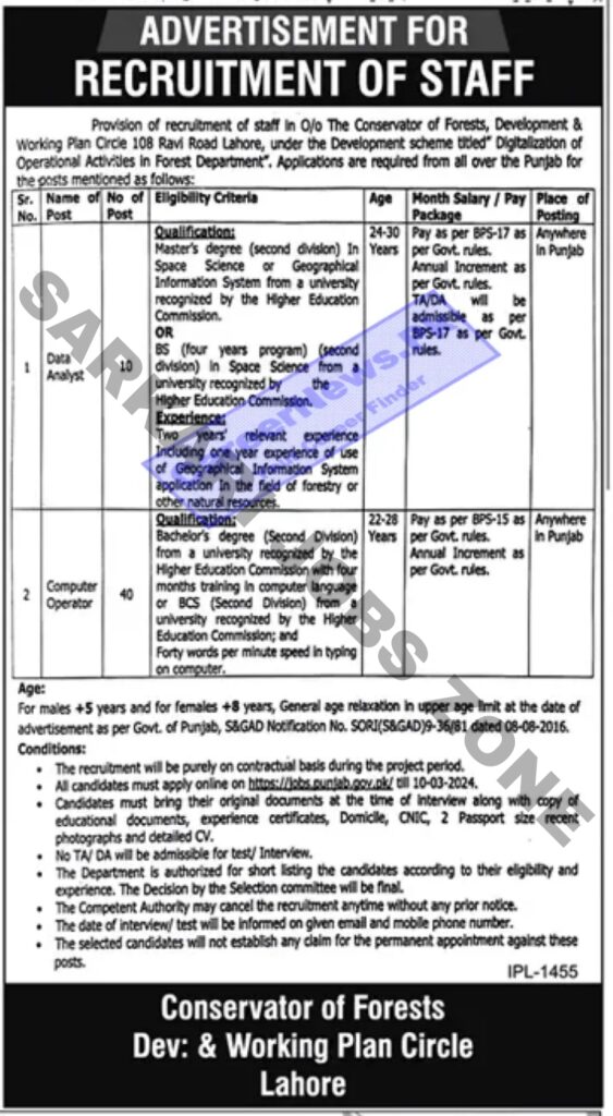 Forest Department Punjab Jobs 2024 Apply Online Advertisement