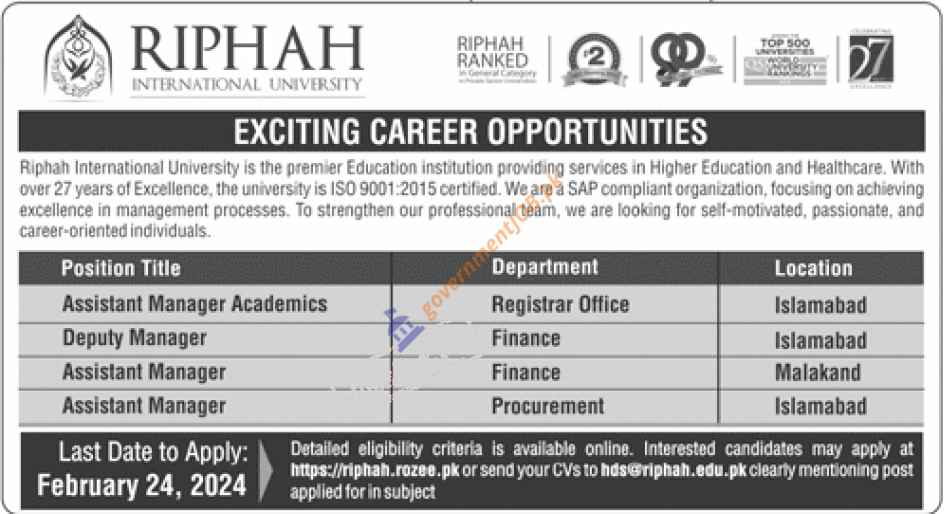 Riphah International University Jobs 2024 Advertisement