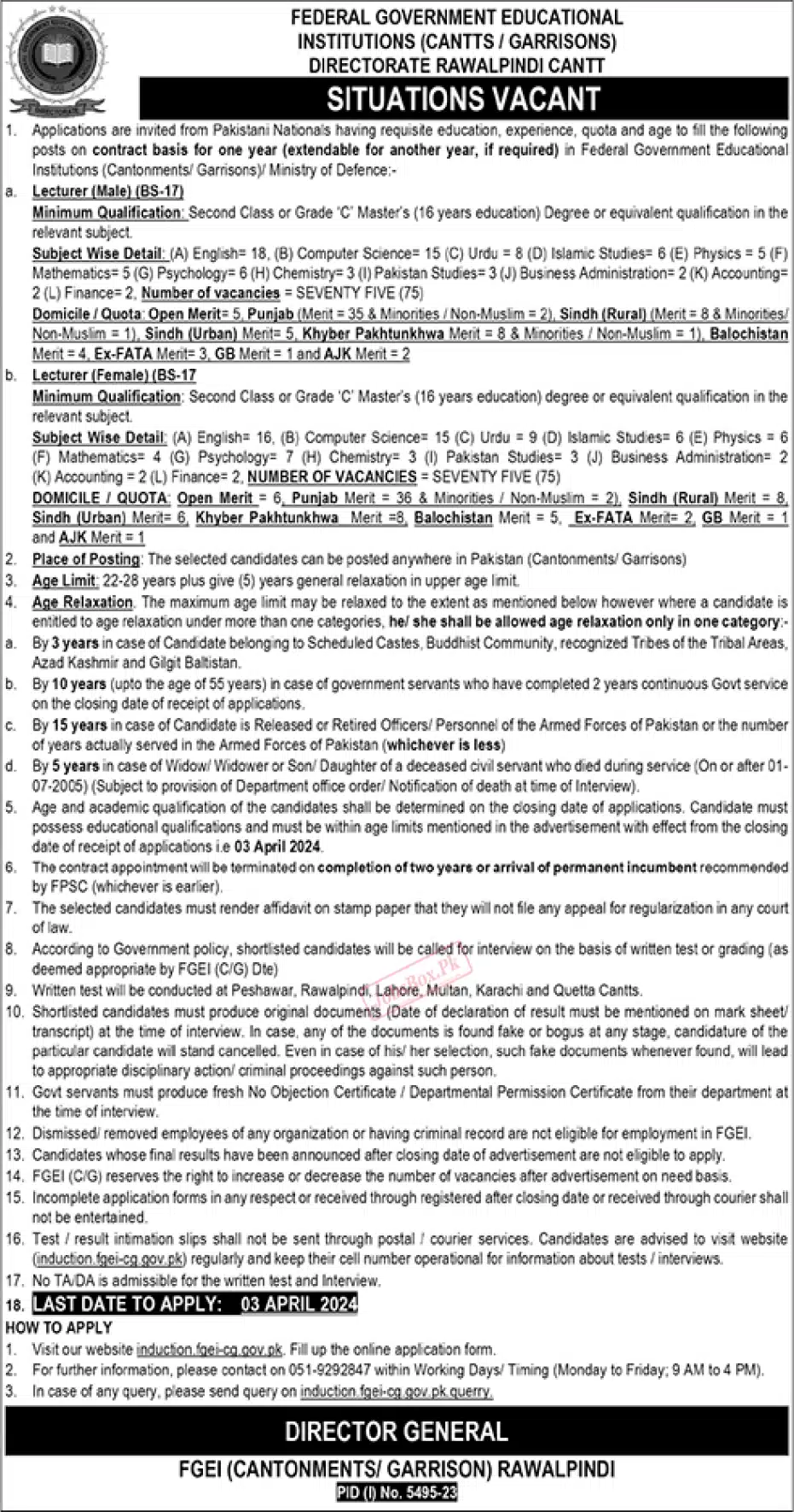 FGEI Jobs 2024 Apply Online - Advertisement