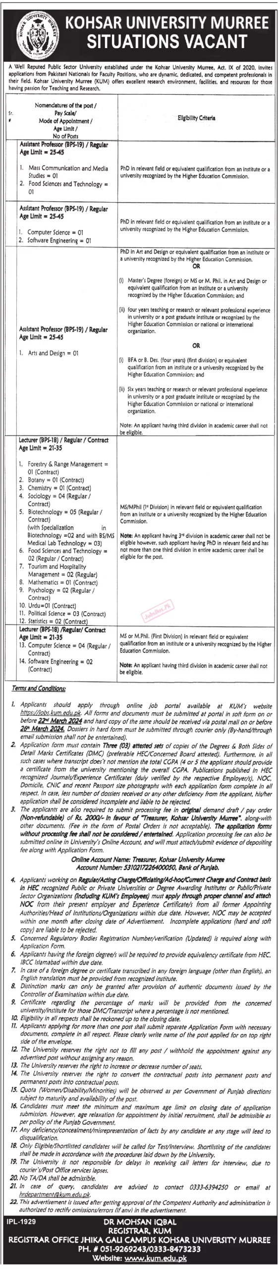 Kohsar University Murree Jobs 2024 Online Apply