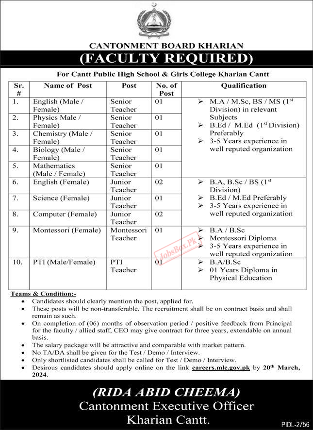 Cantt Public High School and Girls College Kharian Jobs 2024 latest advertisement