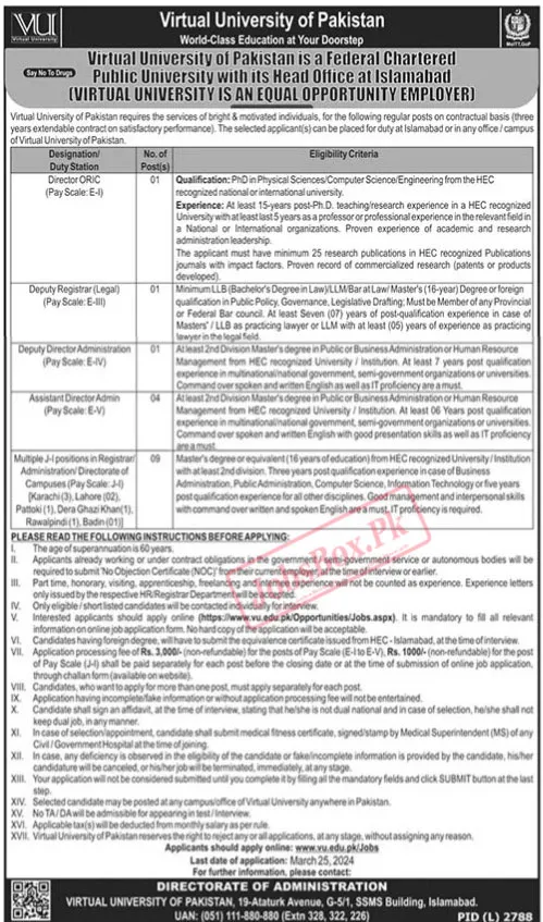 Virtual University Of Pakistan Careers 2024 Latest advertisement