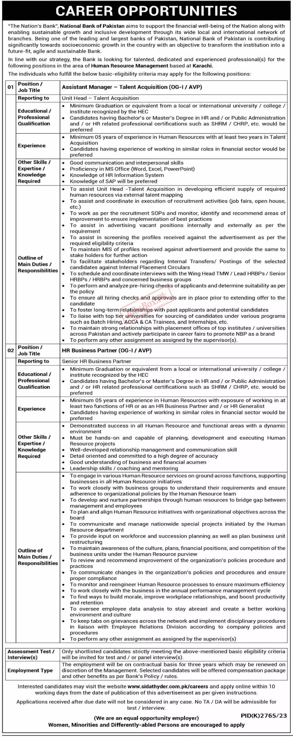 NBP Jobs Karachi 2024 Advertisement