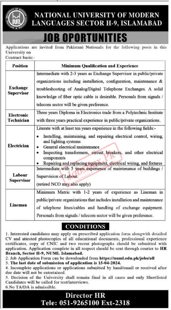 NUML University Jobs 2024