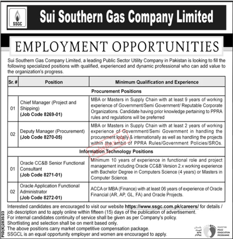 Sui Southern Gas Company Jobs 2024 latest Advertisement