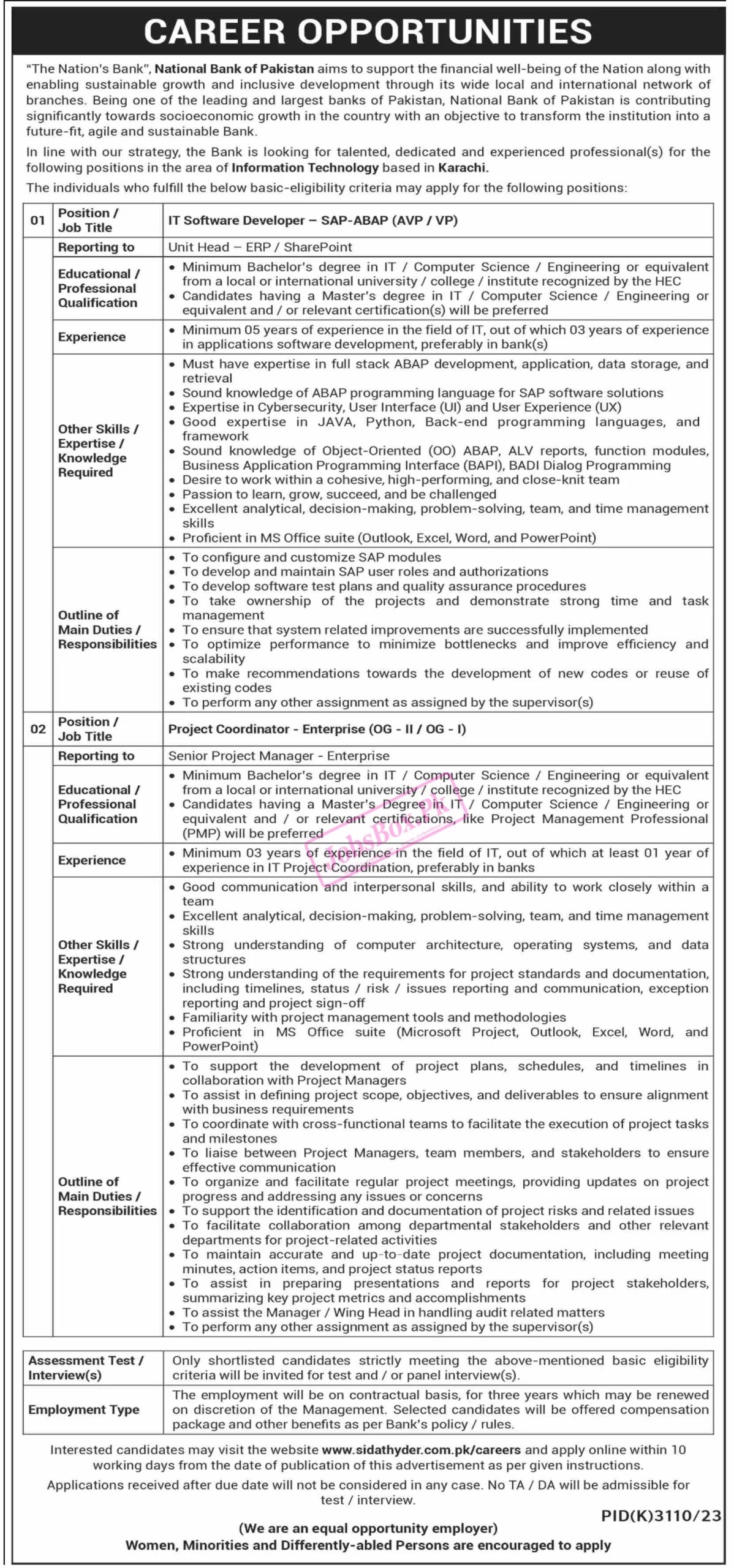 NBP Jobs 2024 Online Advertisement