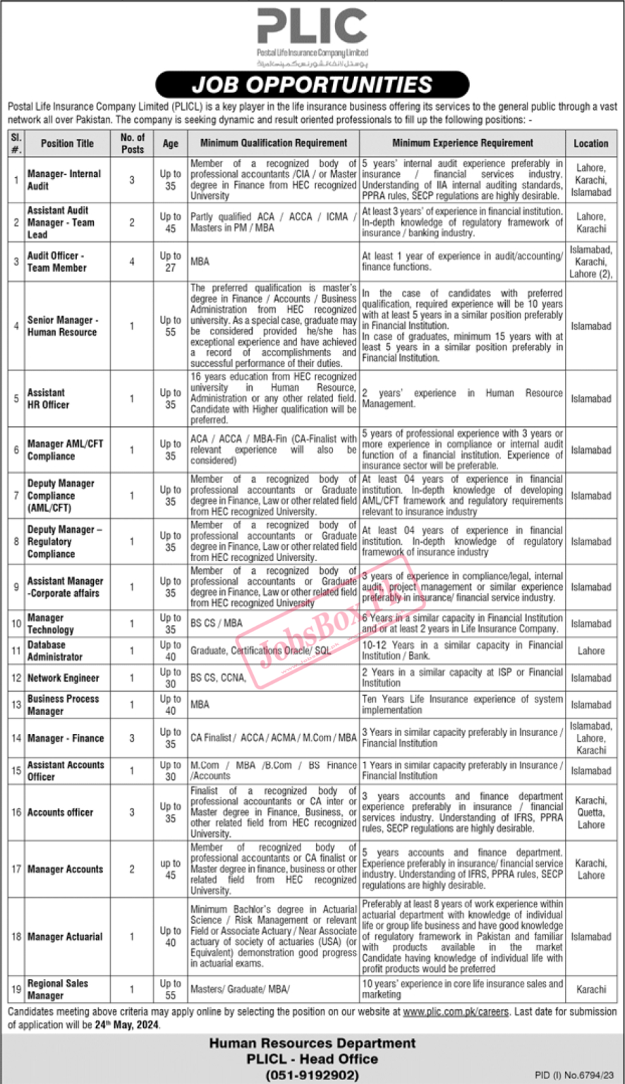 Postal Life Insurance Company Jobs 2024 Latest Advertisement