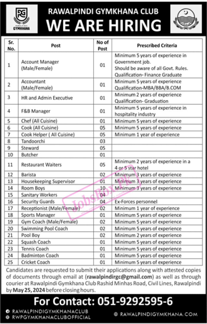 Rawalpindi Gymkhana Jobs 2024 Latest Advertisement